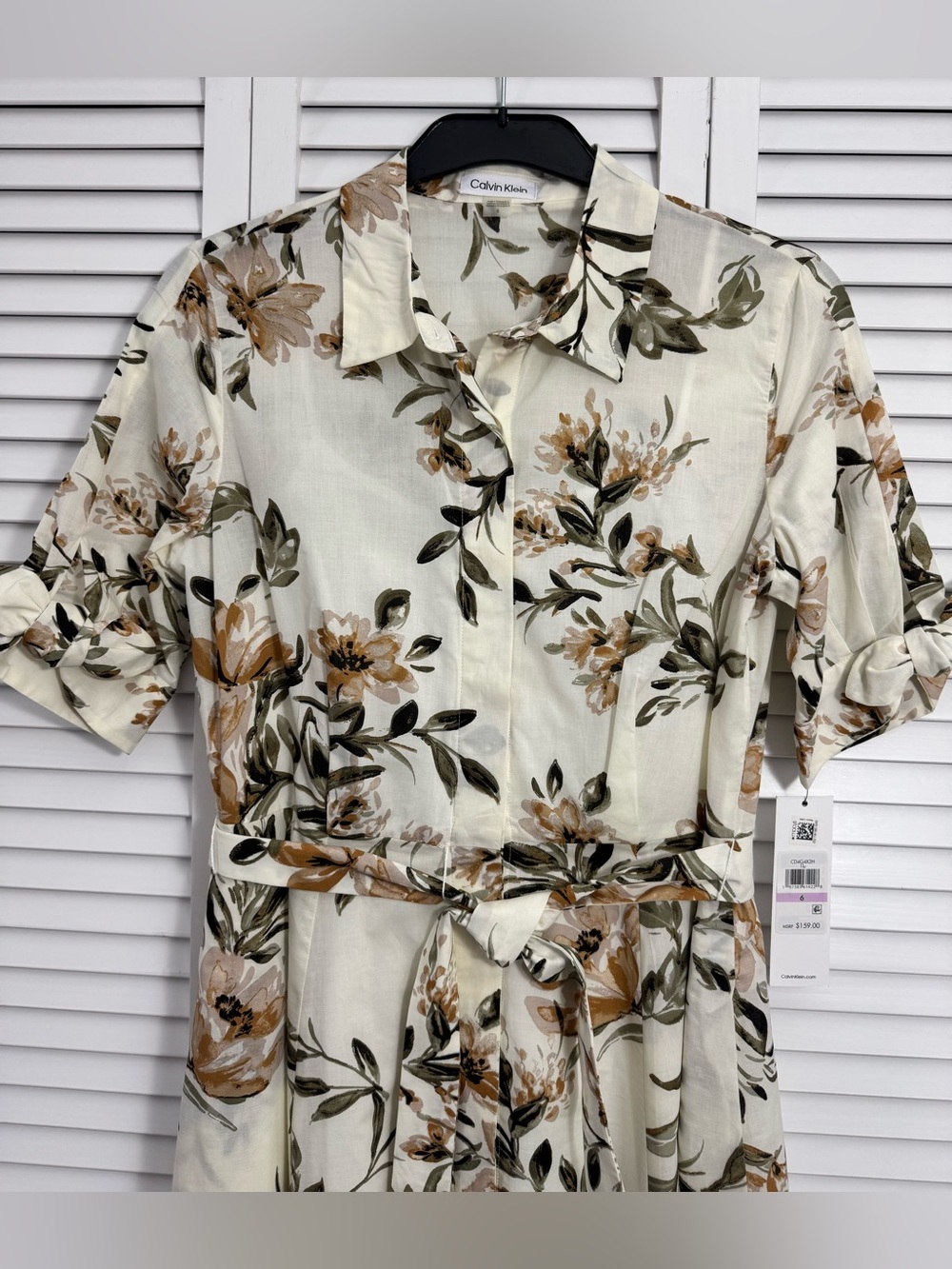 NWT Calvin Klein Floral Cotton Button-Up Belted Shirt Dress - 6 - Picture 2 of 13